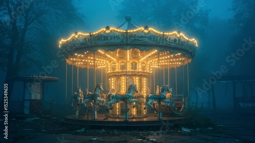 Abandoned carousel illuminated at night in foggy forest setting  