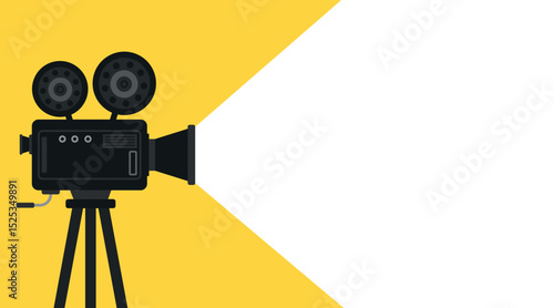 Retro movie camera with space for text. Film festival or movie time concept. Filmmaking equipment vector on yellow background. Ideal for cinema, film industry, and creative design banners