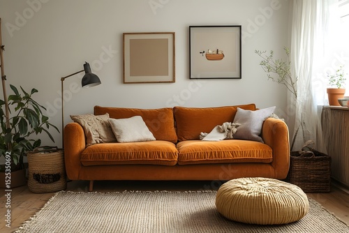 A warm and inviting living space, showcasing a cozy orange sofa, an inviting rug, and carefully chosen decor. The room exudes comfort and style, perfect for relaxation and gatherings.