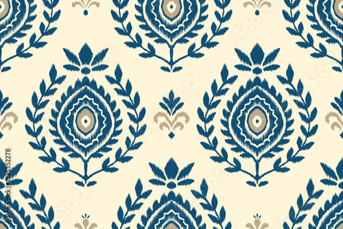 Ikat pattern with traditional ethnic blue and beige motifs in horizontal layout, perfect for bohemian fabric, fashion prints, tribal backgrounds, home textiles, and cultural-inspired designs.