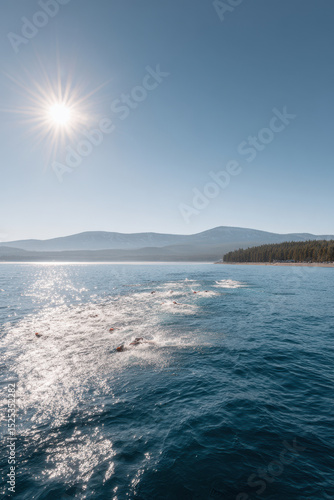 thrilling scene of swimmers competing in open water swimming race surrounded by serene natural landscape