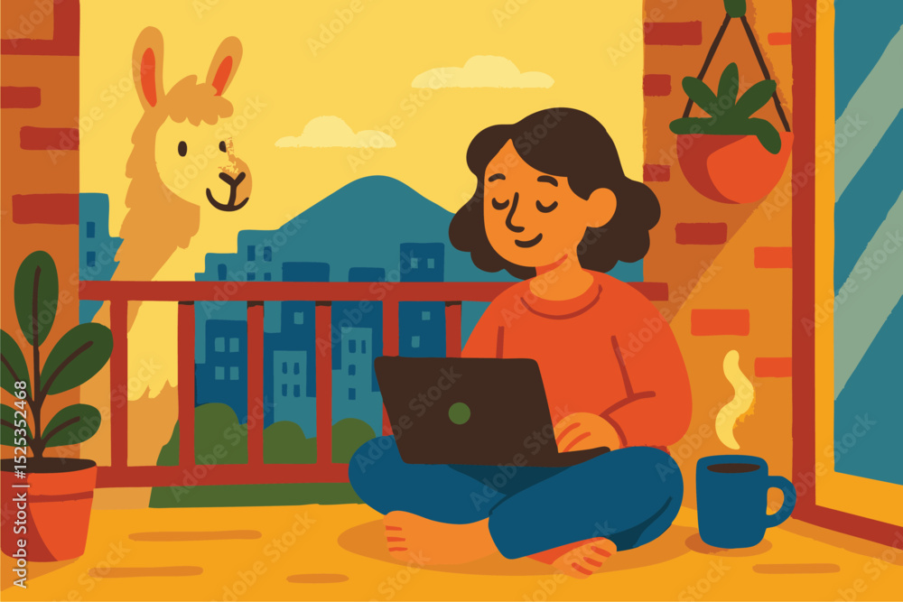 custom made wallpaper toronto digitalA relaxed woman working on her laptop from a balcony in a colorful city, with a llama peeking in.