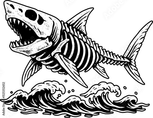 Shark Skeleton Rises: Vector illustration of a shark skeleton emerging from stylized waves, embodying a sense of ancient mystery and marine life.