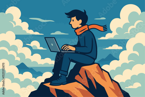 Colorful illustration of a freelancer working on a laptop at the summit, surrounded by clouds.