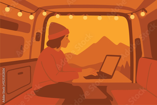 A digital nomad working on a laptop inside a cozy camper van with a stunning mountain view at sunset.