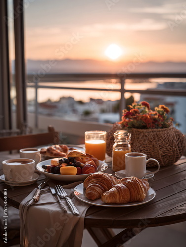 breakfast table on balcony with sunrise view, croissants and coffee
