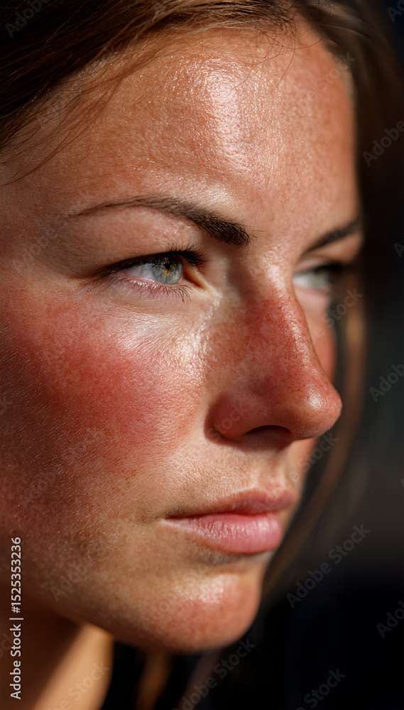 Obraz premium Close-up portrait of a young woman with striking features and natural beauty, showcasing her intense gaze and healthy skin texture, emphasizing emotional depth and character