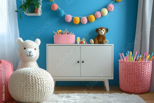 A whimsical and inviting children's room. Featuring a cozy ambiance, with soft colors, and decorative elements. Creating a joyful and imaginative space.