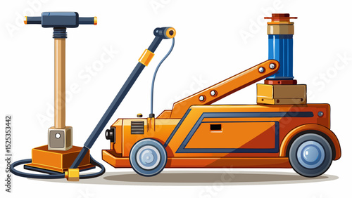 Portable electric jack with lifting arm extended, control cable attached. Designed for roadside repair. Shown from side view, isolated on white for maximum clarity in mechanical illustrations.


