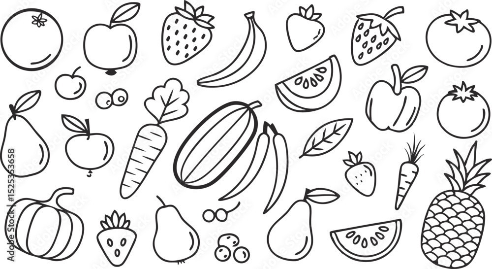 Fototapeta premium Fruit berry vegetable food line icon vector set. minimalist vector illustration featuring a large collection of outlined fruits and vegetables. 