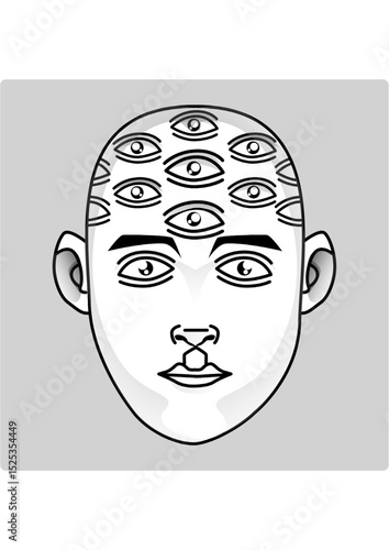 illustration of a head with nine eyes
