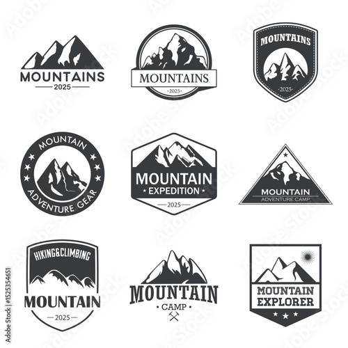 Vector Vintage Mountain Logos and Badges Set for Outdoor Adventure, Hiking, Climbing, Expedition, Camp Design in Retro Style for 2025 Branding and Nature Travel
