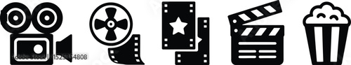 Cinema Icons: Movie Camera, Film Reels, Clapperboard, and Popcorn eps 10 .