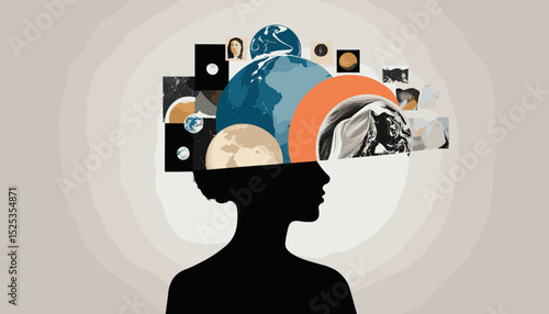 Silhouette of a person's head filled with various images representing thoughts and ideas about space and identity  