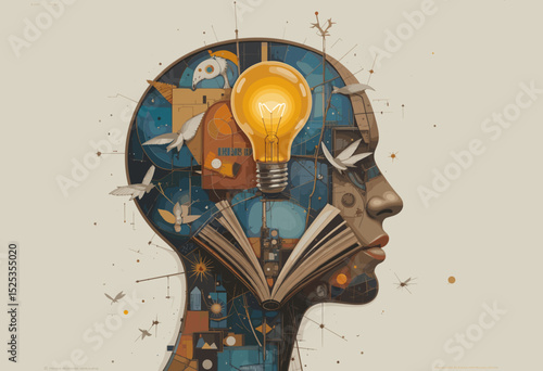Creative illustration of a woman's head with a light bulb above an open book, symbolizing ideas and knowledge  