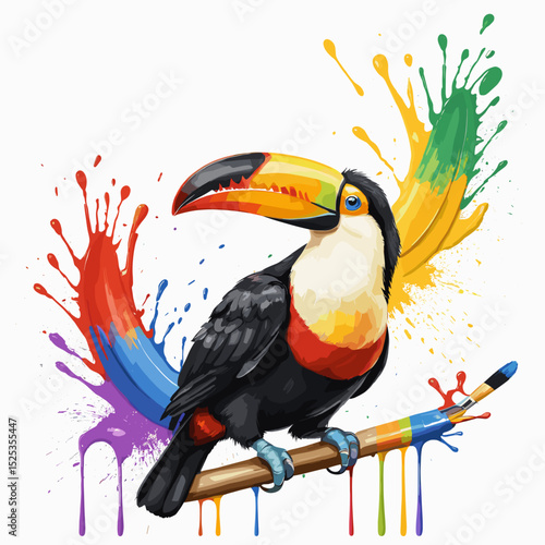 Colorful toucan perched on a branch with vibrant splashes of paint in the background, showcasing artistic flair  
