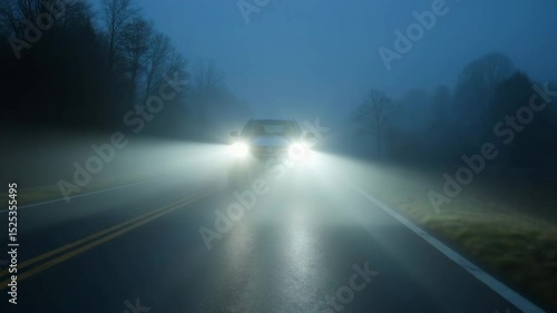 Car headlights illuminating foggy road during night drive  