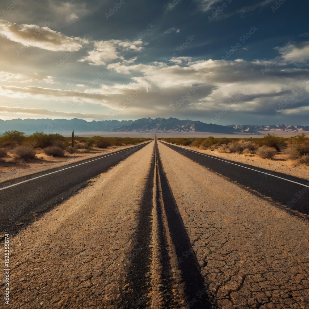 Fototapeta premium Desert Road Leading into Distant Mountains under a Dramatic Sky