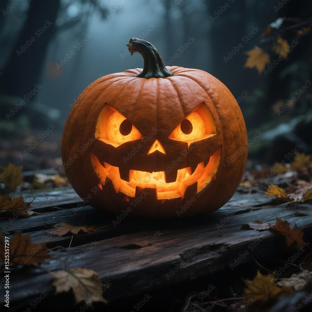 Spooky Jack o' lantern in a mystical autumn forest Spooky Jack o' lantern in a mystical autumn forest