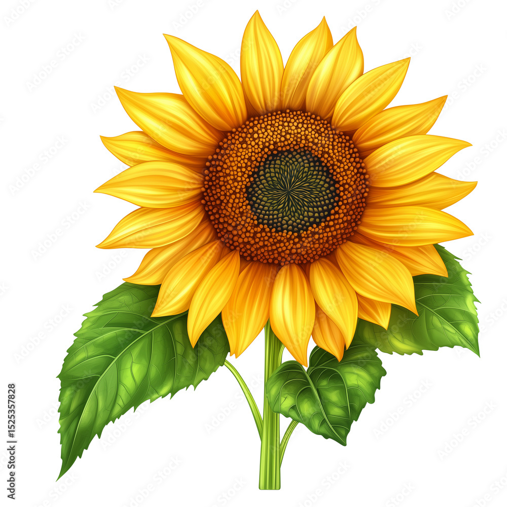 Naklejka premium Vibrant Sunflower with Leaves - Cheerful Bloom on Transparent Background