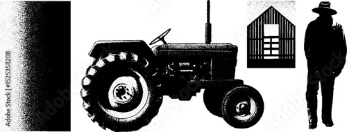 Minimalist farm life theme with tractor, barn, and farmer silhouettes in stippling and halftone texture