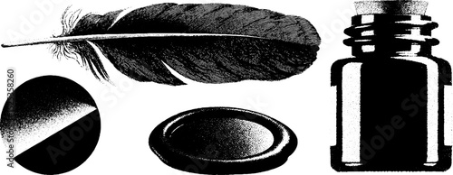 Minimalist engraving art featuring feather, ink bottle, and halftone textures for vintage design