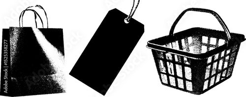 Minimalist shopping theme with engraving and stippling textures for design projects