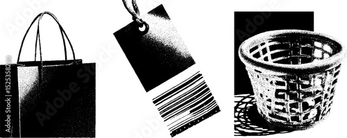 Minimalist engraving and stippling design featuring shopping bag, price tag, and basket