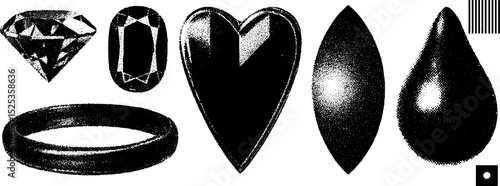 Minimalist gemstone illustrations with engraving and halftone textures for design