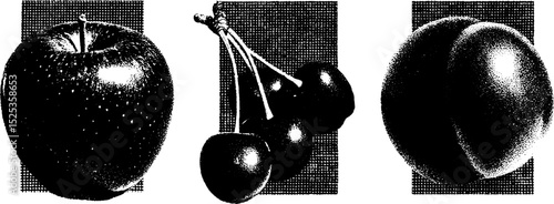 Minimalist fruit art featuring apple cherry and peach with engraving stippling and halftone texture