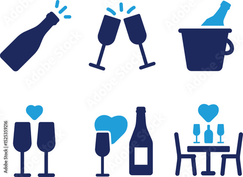 Champagne icon set collection. Bottle, toast, glass, bucket, heart, table and best solid icon set.