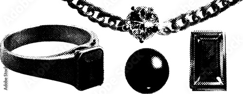 Minimalist jewelry engravings featuring rings, necklaces, and gemstones in stippling texture design