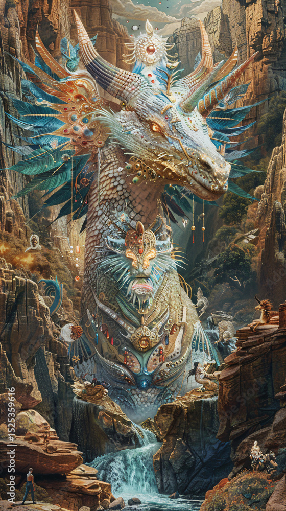 Obraz premium astarte.ai: Majestic Fire-Horned Dragon in a Mythical Mountain Valley