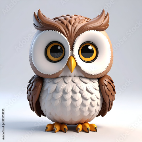 Round and adorable 3D cartoon owl with big glowing eyes, perched quietly with a sweet expression.