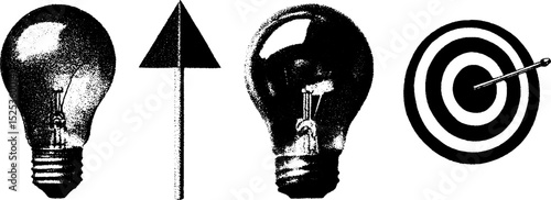 Minimalist stipple and halftone engraving of light bulb and arrow with target for design