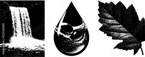 Engraving art featuring waterfall, water drop, and leaf with halftone texture for artistic designs