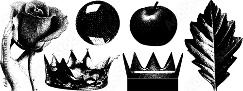 Realistic engraving stippling art featuring rose, sphere, apple, crown, and leaf