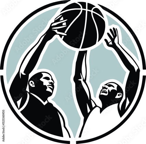 Basketball Players Reaching for Ball: Two determined basketball player compete for a rebound, striving for possession in a graphic illustration of athletic competition.