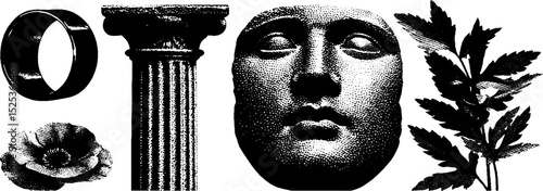 Vintage engraving elements with stippling and halftone texture for artistic design