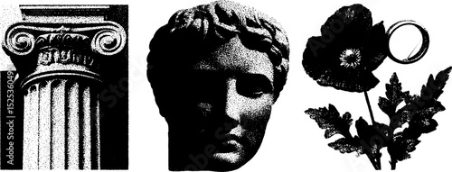 Vintage engraving of classical column, roman bust, and floral element with stippling and halftone texture
