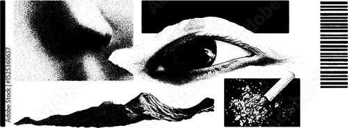 Vintage stippling engraving with eye, landscape, and texture elements