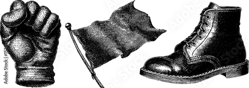 Vintage engraving of gloved fist, flag, and boot with stippling and halftone texture