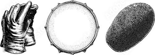 Vintage engraving of gloves, tambourine, and texture with stippling and halftone technique