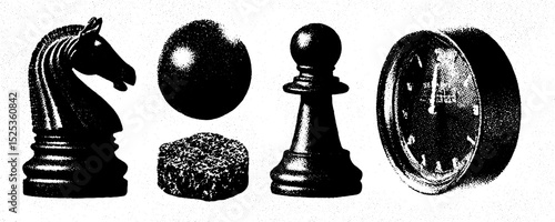 Vintage engraving of chess pieces and clock with stippling and halftone texture