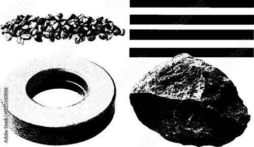 Vintage engraving with stippling and halftone texture featuring stone arrangements