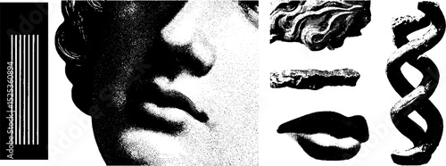 Vintage engraving with stippling and halftone texture featuring classical elements