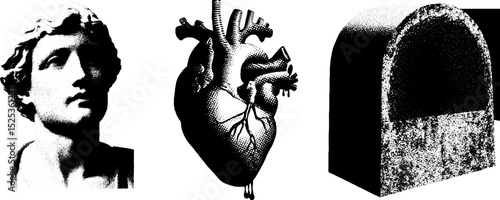 Artistic exploration of vintage engraving and stippling techniques featuring classical sculpture, anatomical heart, and stone arch
