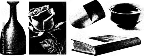 Vintage engraving art with stippling and halftone texture featuring vase, rose, capsule, cup, and book