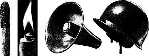 Vintage engraving of matchstick, candle flame, megaphone, and helmet with stippling and halftone texture