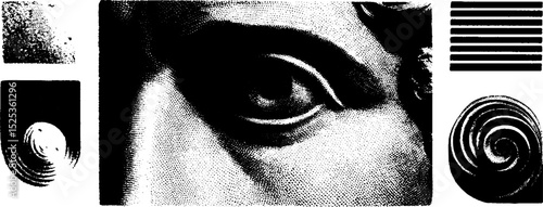 Vintage engraving with stippling and halftone texture featuring eye and geometric patterns
